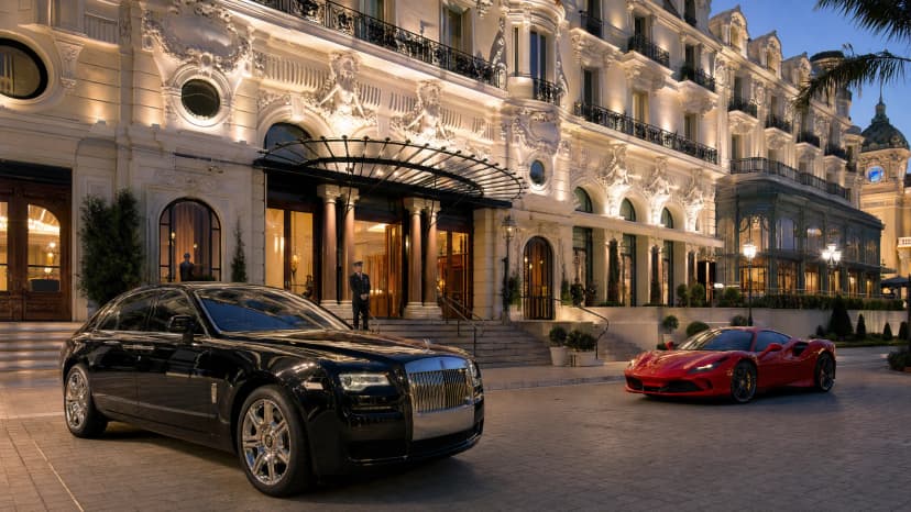Hotel de Paris Monte-Carlo — Belle Époque façade, grand entrance and luxury cars