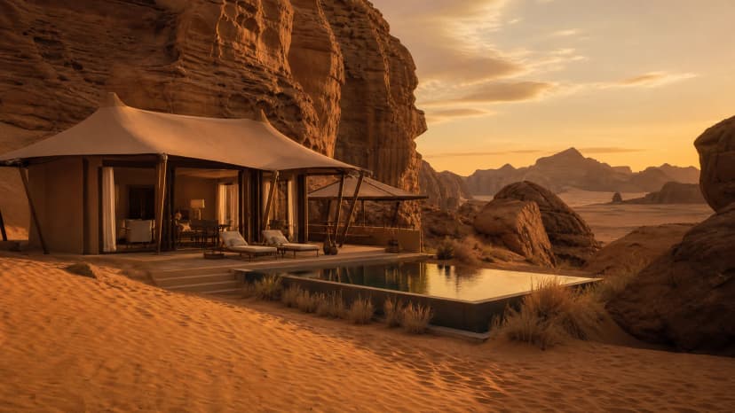 Banyan Tree AlUla — luxury tent villa among golden cliffs and dunes of AlUla with private plunge pool