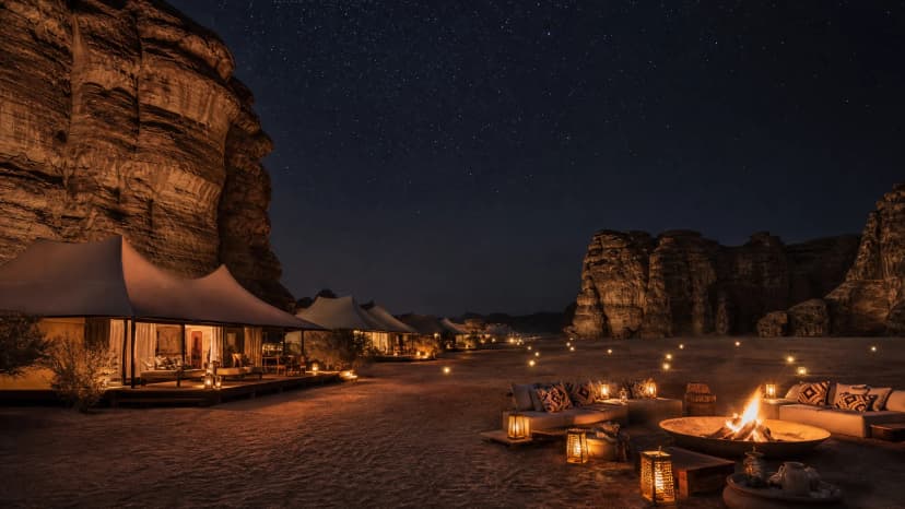 Shaden Resort AlUla — tented camp in canyon, sandstone formations and starlit desert night