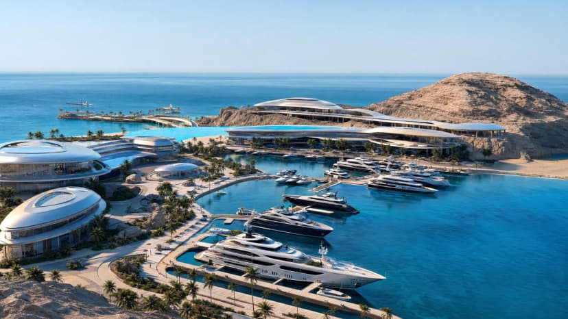 Sindalah Island Resort — futuristic island marina with superyachts and luxury NEOM mood