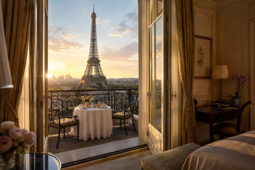Shangri-La Paris — luxurious suite with balcony and iconic view of the Eiffel Tower