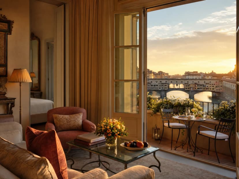 Portrait Firenze — boutique luxury overlooking the Arno and Ponte Vecchio in the soft golden light of Florence