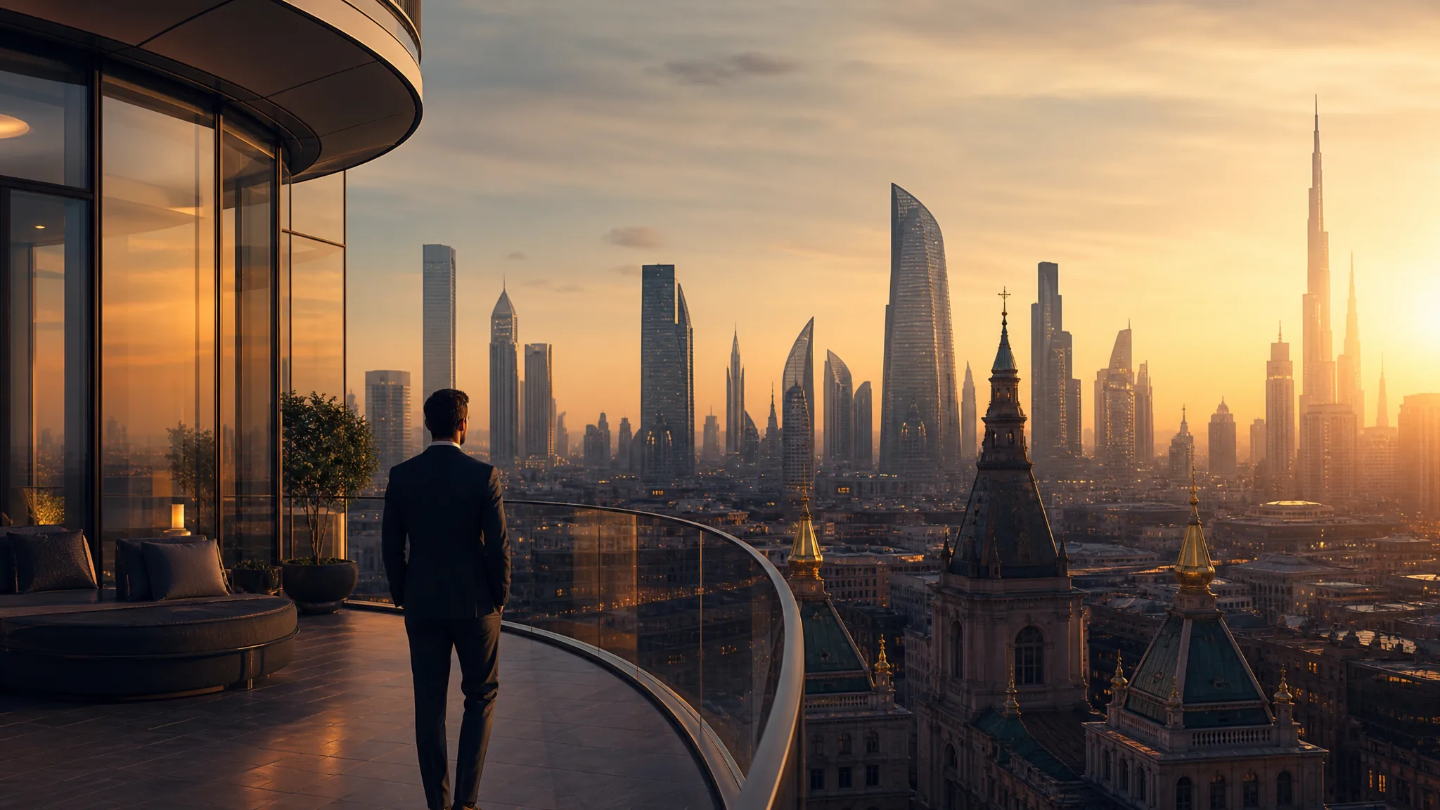 Sales.Travel premium global lifestyle visual — contemporary architecture, luxury residences and the atmosphere of international service