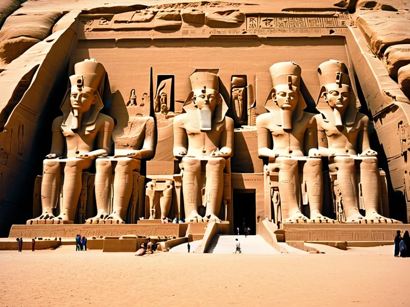 Abu Simbel — four giant statues of Ramesses II at the entrance to the rock temple