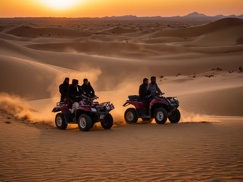 Sahara safari — quad bike in desert dunes at sunset near Egyptian resort