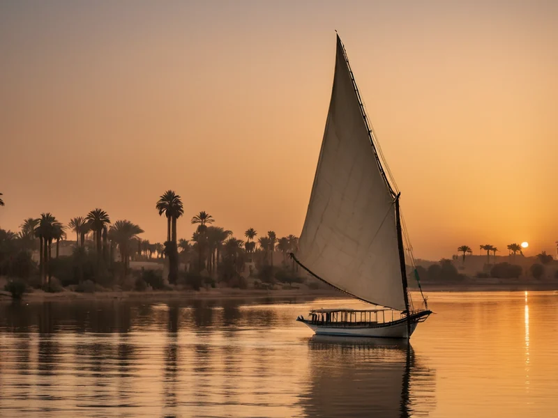 Nile cruise — sailing felucca at sunset between palms on the Egyptian shore