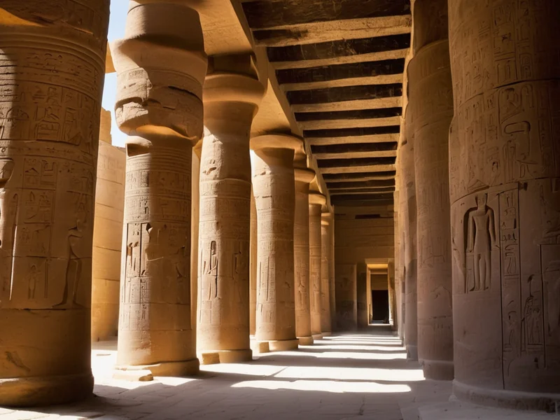 Karnak Temple — colonnade with hieroglyphs and avenue of sphinxes in Luxor