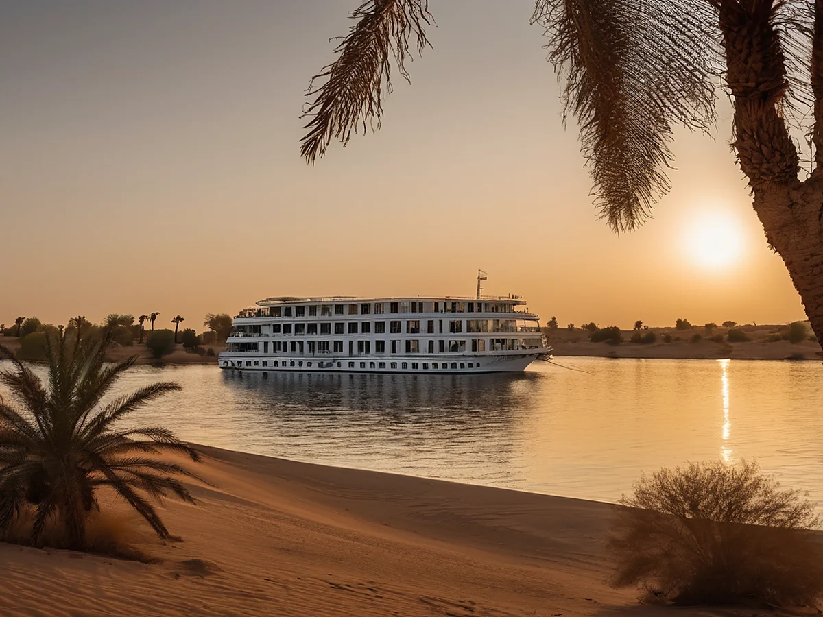 Nile cruise — luxury steamer at sunset among Egyptian landscapes