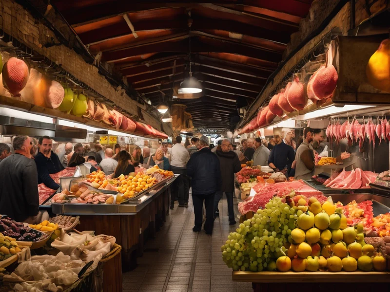 Tapas and Spanish cuisine — stalls at La Boqueria market with jamón, seafood and vibrant colours