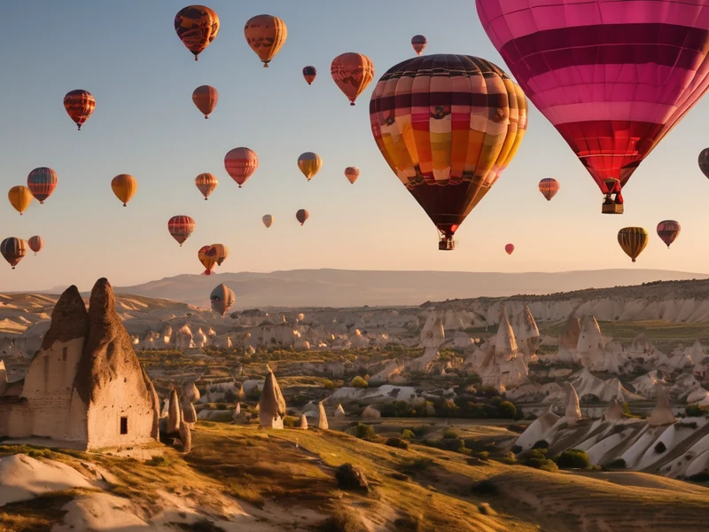 Hot air balloons over Cappadocia — dozens of balloons in the sky above tuff formations at sunrise