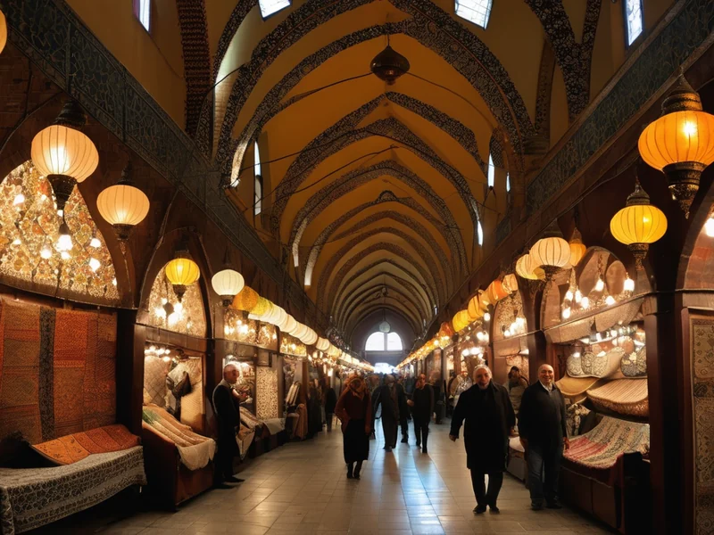 Istanbul's Grand Bazaar — historic market arches with lanterns and colourful goods