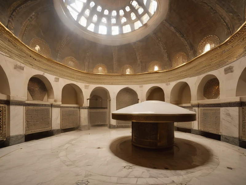 Turkish hammam — marble dome with rays of light and steamy atmosphere