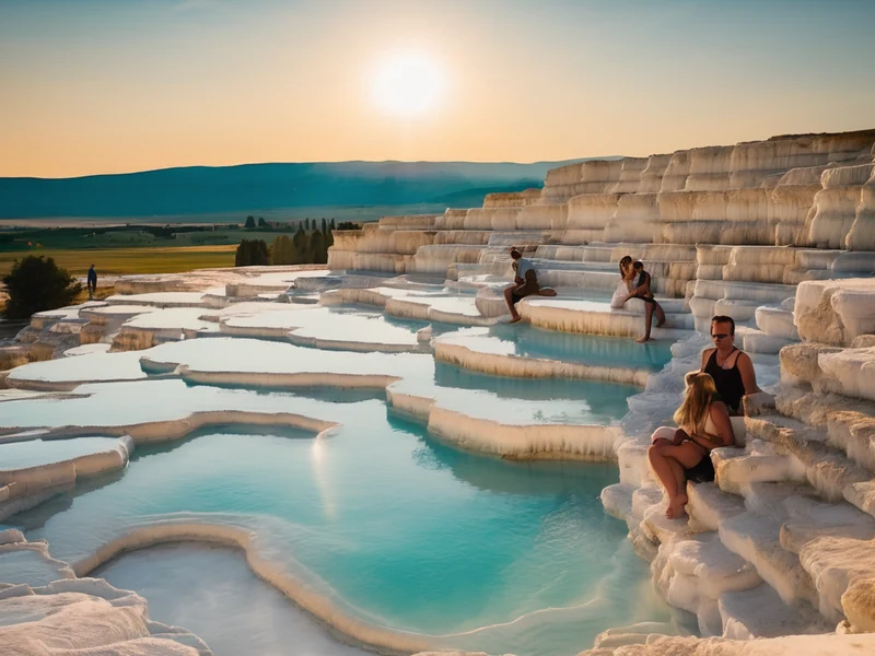 Pamukkale — snow-white travertine terraces with turquoise water against the mountains