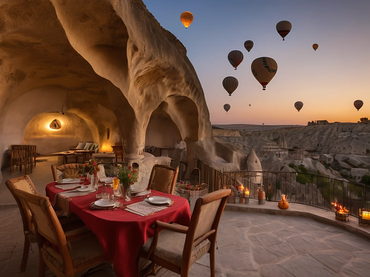 Cappadocia — hot air balloons in the sky above valleys at sunrise